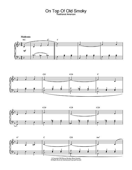 Preview Traditional On Top Of Old Smoky Folk sheet music, notes and chords for Piano, SKU: 26615 sheet music, piano notes, chords, guitar tabs, score, transpose, transcribe, how to play, guide, download, learn, tutorial, progression, song, artist, awards, billboard, mtv, vh1, tour, single, album, release