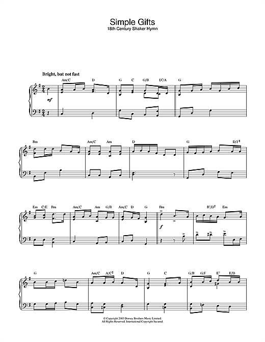 Preview Traditional Shake Hymn Simple Gifts Folk sheet music, notes and chords for Piano, SKU: 26618 sheet music, piano notes, chords, guitar tabs, score, transpose, transcribe, how to play, guide, download, learn, tutorial, progression, song, artist, awards, billboard, mtv, vh1, tour, single, album, release