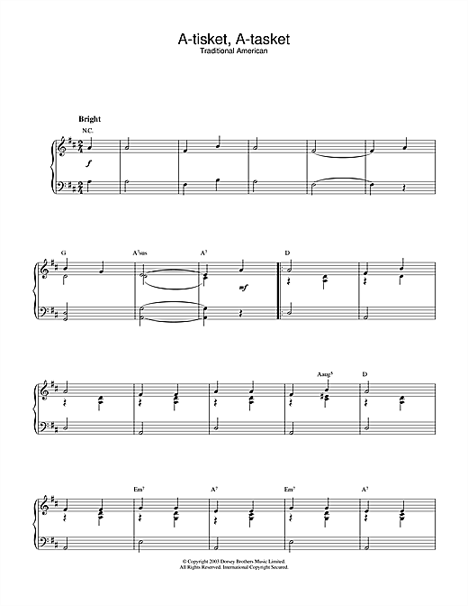 Preview Traditional A-tisket, A-tasket Folk sheet music, notes and chords for Piano, SKU: 26620 sheet music, piano notes, chords, guitar tabs, score, transpose, transcribe, how to play, guide, download, learn, tutorial, progression, song, artist, awards, billboard, mtv, vh1, tour, single, album, release