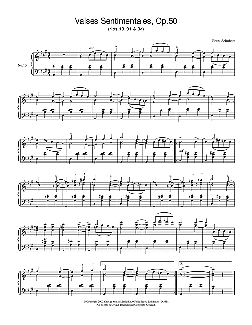 Preview Franz Schubert Valses Sentimentales, Op.50, Nos.13, 31 & 34. Classical sheet music, notes and chords for Piano, SKU: 26621 sheet music, piano notes, chords, guitar tabs, score, transpose, transcribe, how to play, guide, download, learn, tutorial, progression, song, artist, awards, billboard, mtv, vh1, tour, single, album, release