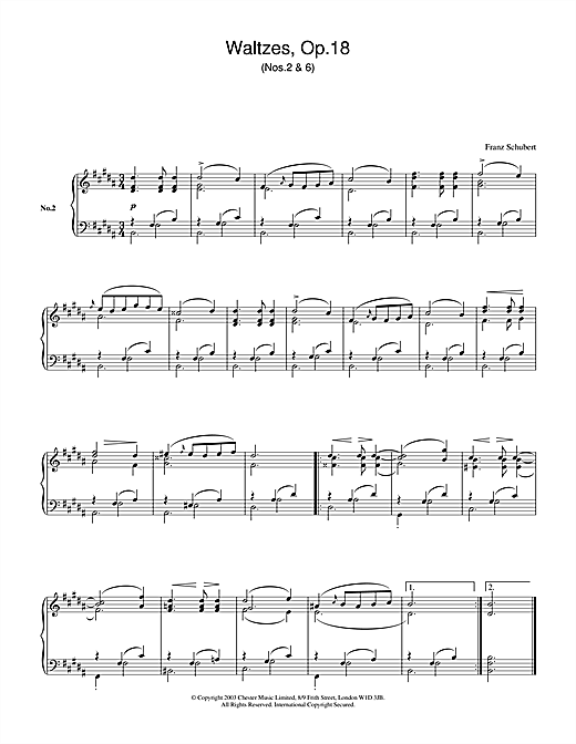 Preview Franz Schubert Waltzes Op.18, No.2 & No.6 Classical sheet music, notes and chords for Piano, SKU: 26623 sheet music, piano notes, chords, guitar tabs, score, transpose, transcribe, how to play, guide, download, learn, tutorial, progression, song, artist, awards, billboard, mtv, vh1, tour, single, album, release