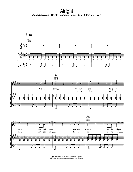 Preview Supergrass Alright Rock sheet music, notes and chords for Piano, Vocal & Guitar, SKU: 26625 sheet music, piano notes, chords, guitar tabs, score, transpose, transcribe, how to play, guide, download, learn, tutorial, progression, song, artist, awards, billboard, mtv, vh1, tour, single, album, release