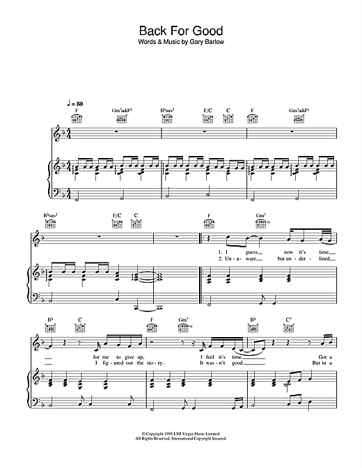 Preview Take That Back For Good Pop sheet music, notes and chords for Piano, Vocal & Guitar, SKU: 26626 sheet music, piano notes, chords, guitar tabs, score, transpose, transcribe, how to play, guide, download, learn, tutorial, progression, song, artist, awards, billboard, mtv, vh1, tour, single, album, release
