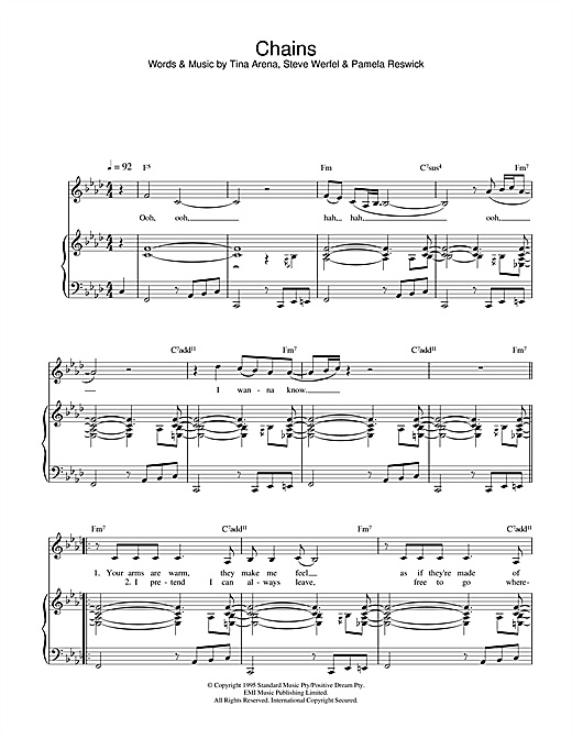 Preview Tina Arena Chains Pop sheet music, notes and chords for Piano, Vocal & Guitar, SKU: 26627 sheet music, piano notes, chords, guitar tabs, score, transpose, transcribe, how to play, guide, download, learn, tutorial, progression, song, artist, awards, billboard, mtv, vh1, tour, single, album, release