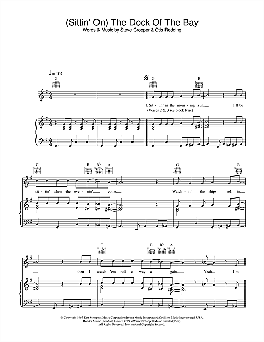 Preview Otis Redding (Sittin' On) The Dock Of The Bay Soul sheet music, notes and chords for Piano, Vocal & Guitar (Right-Hand Melody), SKU: 26633 sheet music, piano notes, chords, guitar tabs, score, transpose, transcribe, how to play, guide, download, learn, tutorial, progression, song, artist, awards, billboard, mtv, vh1, tour, single, album, release