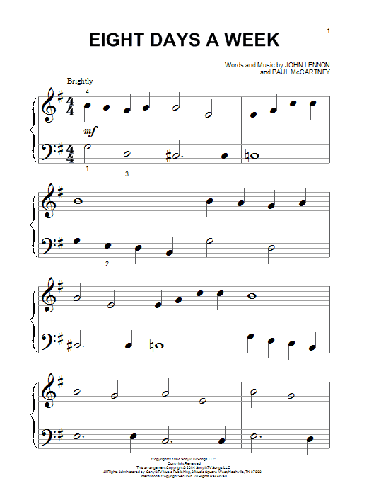 Preview The Beatles Eight Days A Week Rock sheet music, notes and chords for Piano (Big Notes), SKU: 26651 sheet music, piano notes, chords, guitar tabs, score, transpose, transcribe, how to play, guide, download, learn, tutorial, progression, song, artist, awards, billboard, mtv, vh1, tour, single, album, release