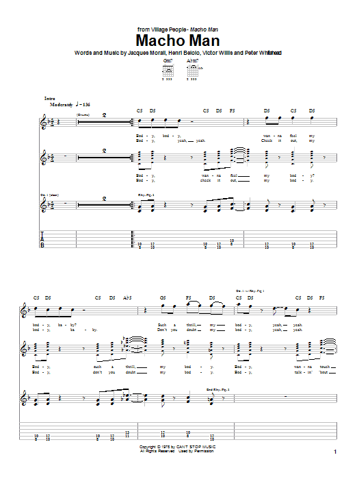 Preview Village People Macho Man Pop sheet music, notes and chords for Guitar Tab, SKU: 26656 sheet music, piano notes, chords, guitar tabs, score, transpose, transcribe, how to play, guide, download, learn, tutorial, progression, song, artist, awards, billboard, mtv, vh1, tour, single, album, release