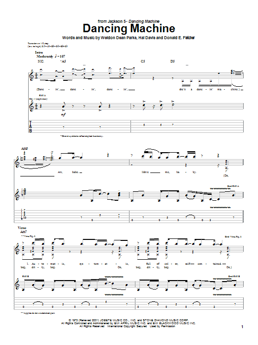 Preview The Jackson 5 Dancing Machine Rock sheet music, notes and chords for Guitar Tab, SKU: 26657 sheet music, piano notes, chords, guitar tabs, score, transpose, transcribe, how to play, guide, download, learn, tutorial, progression, song, artist, awards, billboard, mtv, vh1, tour, single, album, release