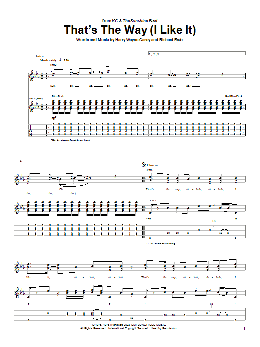 Preview KC & The Sunshine Band That's The Way (I Like It) Rock sheet music, notes and chords for Guitar Tab, SKU: 26658 sheet music, piano notes, chords, guitar tabs, score, transpose, transcribe, how to play, guide, download, learn, tutorial, progression, song, artist, awards, billboard, mtv, vh1, tour, single, album, release