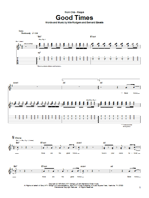 Preview Chic Good Times R & B sheet music, notes and chords for Guitar Tab, SKU: 26659 sheet music, piano notes, chords, guitar tabs, score, transpose, transcribe, how to play, guide, download, learn, tutorial, progression, song, artist, awards, billboard, mtv, vh1, tour, single, album, release