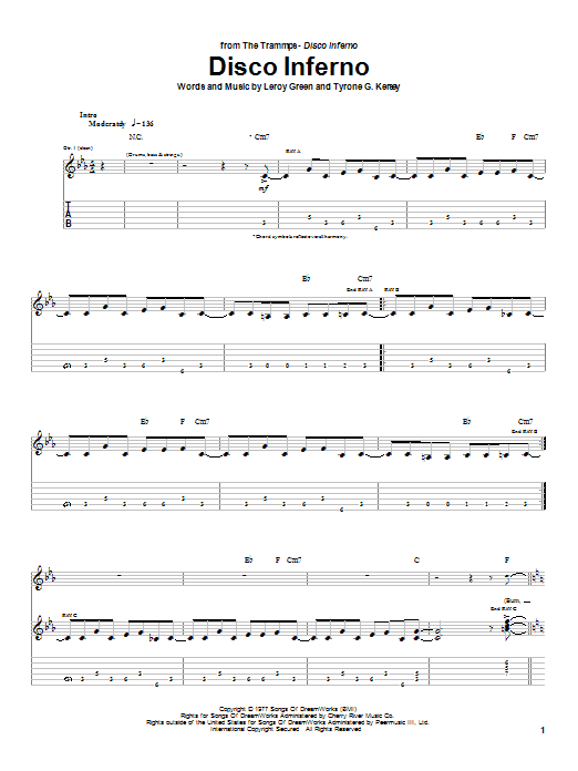 Preview The Trammps Disco Inferno Rock sheet music, notes and chords for Guitar Tab, SKU: 26662 sheet music, piano notes, chords, guitar tabs, score, transpose, transcribe, how to play, guide, download, learn, tutorial, progression, song, artist, awards, billboard, mtv, vh1, tour, single, album, release