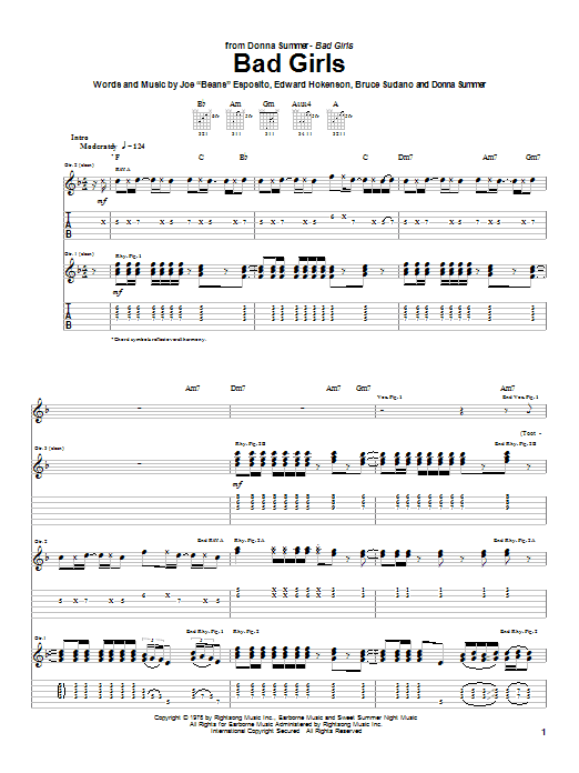 Preview Donna Summer Bad Girls R & B sheet music, notes and chords for Guitar Tab, SKU: 26663 sheet music, piano notes, chords, guitar tabs, score, transpose, transcribe, how to play, guide, download, learn, tutorial, progression, song, artist, awards, billboard, mtv, vh1, tour, single, album, release