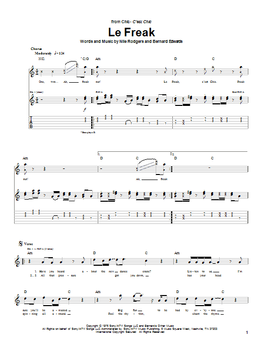 Preview Chic Le Freak Pop sheet music, notes and chords for Guitar Tab, SKU: 26667 sheet music, piano notes, chords, guitar tabs, score, transpose, transcribe, how to play, guide, download, learn, tutorial, progression, song, artist, awards, billboard, mtv, vh1, tour, single, album, release