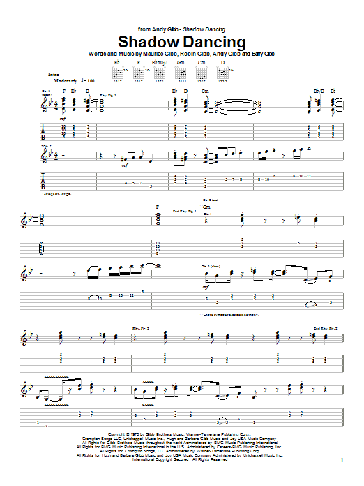 Preview Andy Gibb Shadow Dancing Pop sheet music, notes and chords for Guitar Tab, SKU: 26669 sheet music, piano notes, chords, guitar tabs, score, transpose, transcribe, how to play, guide, download, learn, tutorial, progression, song, artist, awards, billboard, mtv, vh1, tour, single, album, release