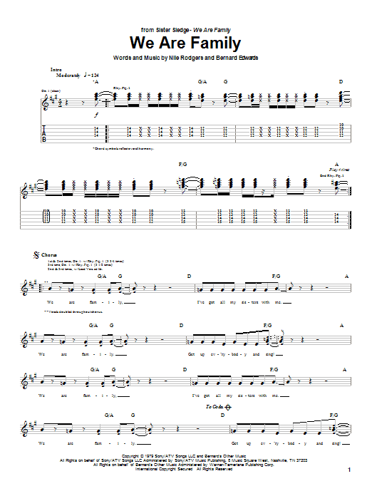 Preview Sister Sledge We Are Family Pop sheet music, notes and chords for Guitar Tab, SKU: 26670 sheet music, piano notes, chords, guitar tabs, score, transpose, transcribe, how to play, guide, download, learn, tutorial, progression, song, artist, awards, billboard, mtv, vh1, tour, single, album, release