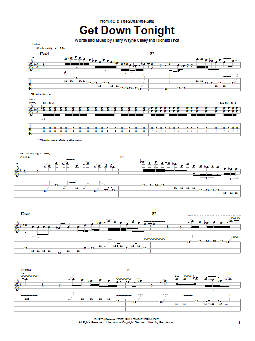 Preview KC & The Sunshine Band Get Down Tonight Pop sheet music, notes and chords for Guitar Tab, SKU: 26671 sheet music, piano notes, chords, guitar tabs, score, transpose, transcribe, how to play, guide, download, learn, tutorial, progression, song, artist, awards, billboard, mtv, vh1, tour, single, album, release