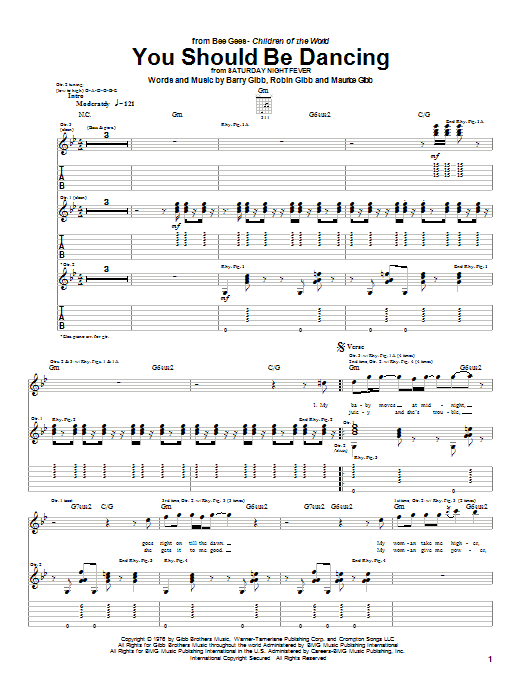 Preview Bee Gees You Should Be Dancing Pop sheet music, notes and chords for Guitar Tab, SKU: 26673 sheet music, piano notes, chords, guitar tabs, score, transpose, transcribe, how to play, guide, download, learn, tutorial, progression, song, artist, awards, billboard, mtv, vh1, tour, single, album, release