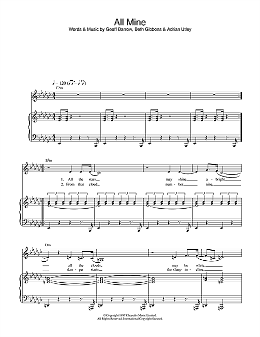 Preview Portishead All Mine Pop sheet music, notes and chords for Piano, Vocal & Guitar, SKU: 26675 sheet music, piano notes, chords, guitar tabs, score, transpose, transcribe, how to play, guide, download, learn, tutorial, progression, song, artist, awards, billboard, mtv, vh1, tour, single, album, release