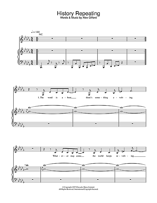 Preview Shirley Bassey & Propellerheads History Repeating Pop sheet music, notes and chords for Piano, Vocal & Guitar, SKU: 26676 sheet music, piano notes, chords, guitar tabs, score, transpose, transcribe, how to play, guide, download, learn, tutorial, progression, song, artist, awards, billboard, mtv, vh1, tour, single, album, release