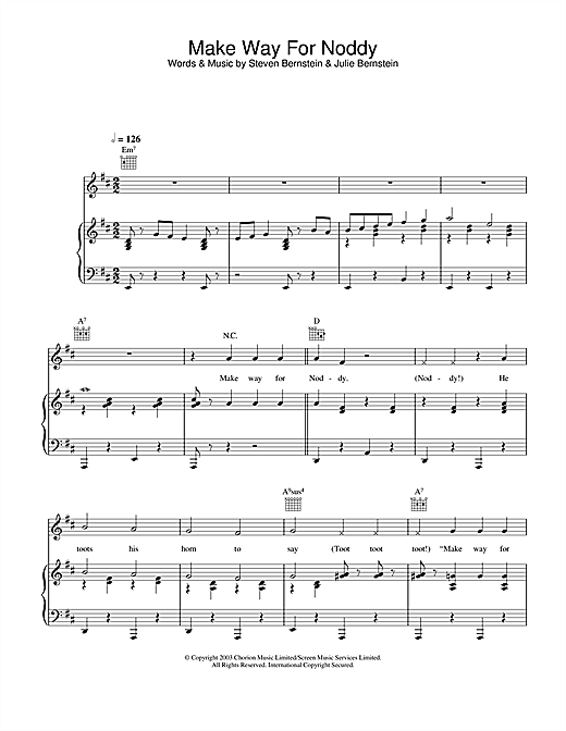 Preview Noddy Make Way For Noddy Film and TV sheet music, notes and chords for Piano, Vocal & Guitar (Right-Hand Melody), SKU: 26679 sheet music, piano notes, chords, guitar tabs, score, transpose, transcribe, how to play, guide, download, learn, tutorial, progression, song, artist, awards, billboard, mtv, vh1, tour, single, album, release