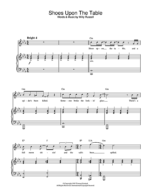 Preview Kiki Dee Shoes Upon The Table (from Blood Brothers) Musicals sheet music, notes and chords for Piano, Vocal & Guitar, SKU: 26682 sheet music, piano notes, chords, guitar tabs, score, transpose, transcribe, how to play, guide, download, learn, tutorial, progression, song, artist, awards, billboard, mtv, vh1, tour, single, album, release