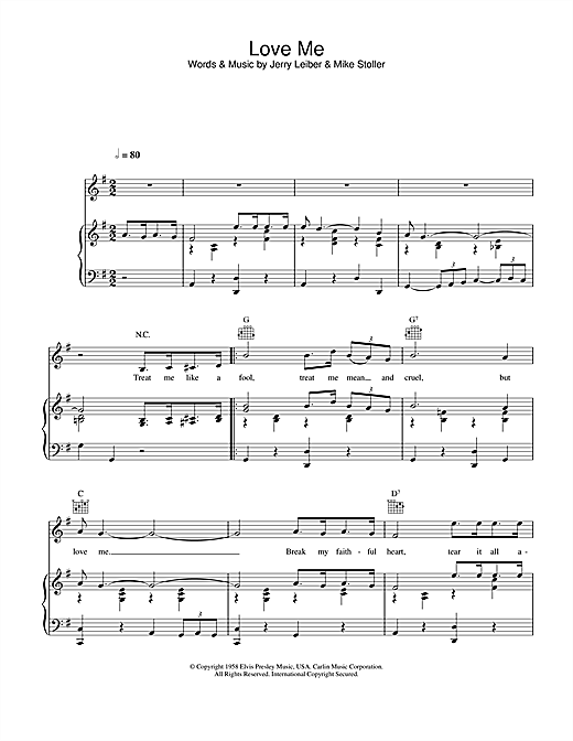 Preview Elvis Presley Love Me Pop sheet music, notes and chords for Piano, Vocal & Guitar (Right-Hand Melody), SKU: 26686 sheet music, piano notes, chords, guitar tabs, score, transpose, transcribe, how to play, guide, download, learn, tutorial, progression, song, artist, awards, billboard, mtv, vh1, tour, single, album, release