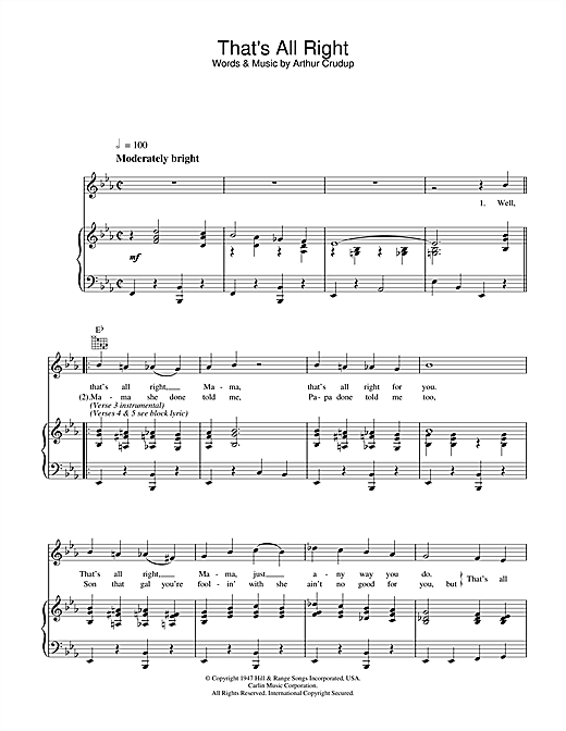 Preview Elvis Presley That's All Right Pop sheet music, notes and chords for Piano, Vocal & Guitar (Right-Hand Melody), SKU: 26687 sheet music, piano notes, chords, guitar tabs, score, transpose, transcribe, how to play, guide, download, learn, tutorial, progression, song, artist, awards, billboard, mtv, vh1, tour, single, album, release