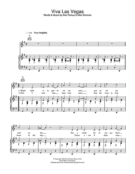 Preview Elvis Presley Viva Las Vegas Pop sheet music, notes and chords for Piano, Vocal & Guitar (Right-Hand Melody), SKU: 26689 sheet music, piano notes, chords, guitar tabs, score, transpose, transcribe, how to play, guide, download, learn, tutorial, progression, song, artist, awards, billboard, mtv, vh1, tour, single, album, release