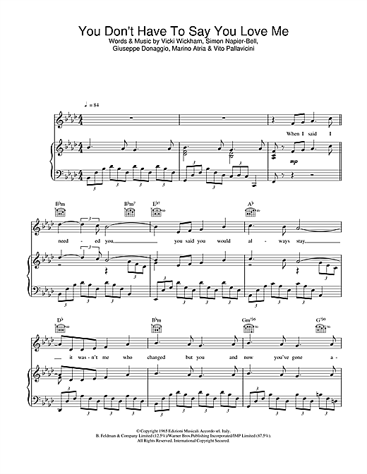 Preview Elvis Presley You Don't Have To Say You Love Me Pop sheet music, notes and chords for Piano, Vocal & Guitar (Right-Hand Melody), SKU: 26690 sheet music, piano notes, chords, guitar tabs, score, transpose, transcribe, how to play, guide, download, learn, tutorial, progression, song, artist, awards, billboard, mtv, vh1, tour, single, album, release