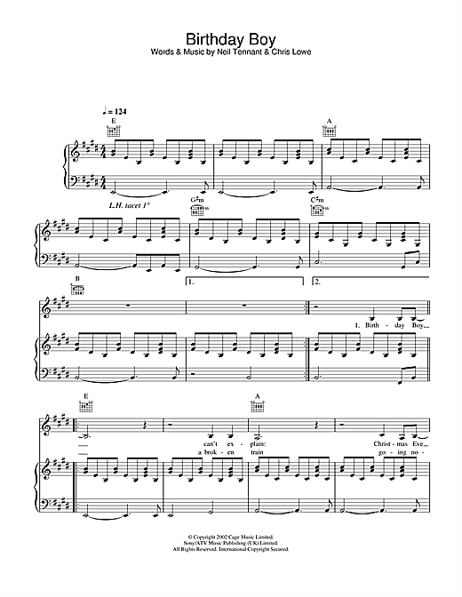 Preview Pet Shop Boys Birthday Boy Pop sheet music, notes and chords for Piano, Vocal & Guitar, SKU: 26701 sheet music, piano notes, chords, guitar tabs, score, transpose, transcribe, how to play, guide, download, learn, tutorial, progression, song, artist, awards, billboard, mtv, vh1, tour, single, album, release