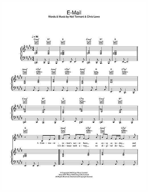 Preview Pet Shop Boys E-Mail Pop sheet music, notes and chords for Piano, Vocal & Guitar, SKU: 26702 sheet music, piano notes, chords, guitar tabs, score, transpose, transcribe, how to play, guide, download, learn, tutorial, progression, song, artist, awards, billboard, mtv, vh1, tour, single, album, release