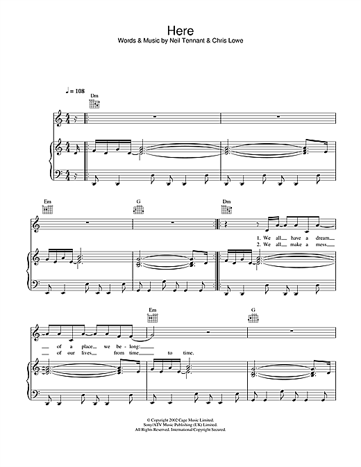 Preview Pet Shop Boys Here Pop sheet music, notes and chords for Piano, Vocal & Guitar, SKU: 26703 sheet music, piano notes, chords, guitar tabs, score, transpose, transcribe, how to play, guide, download, learn, tutorial, progression, song, artist, awards, billboard, mtv, vh1, tour, single, album, release