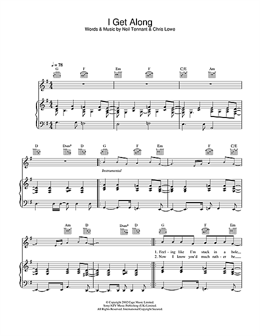 Preview Pet Shop Boys I Get Along Pop sheet music, notes and chords for Piano, Vocal & Guitar, SKU: 26705 sheet music, piano notes, chords, guitar tabs, score, transpose, transcribe, how to play, guide, download, learn, tutorial, progression, song, artist, awards, billboard, mtv, vh1, tour, single, album, release