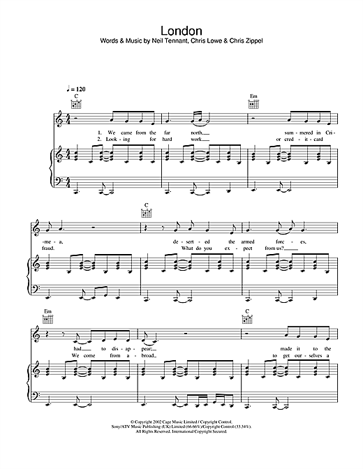 Preview Pet Shop Boys London Pop sheet music, notes and chords for Piano, Vocal & Guitar, SKU: 26706 sheet music, piano notes, chords, guitar tabs, score, transpose, transcribe, how to play, guide, download, learn, tutorial, progression, song, artist, awards, billboard, mtv, vh1, tour, single, album, release