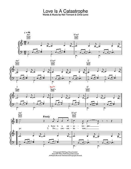 Preview Pet Shop Boys Love Is A Catastrophe Pop sheet music, notes and chords for Piano, Vocal & Guitar, SKU: 26707 sheet music, piano notes, chords, guitar tabs, score, transpose, transcribe, how to play, guide, download, learn, tutorial, progression, song, artist, awards, billboard, mtv, vh1, tour, single, album, release