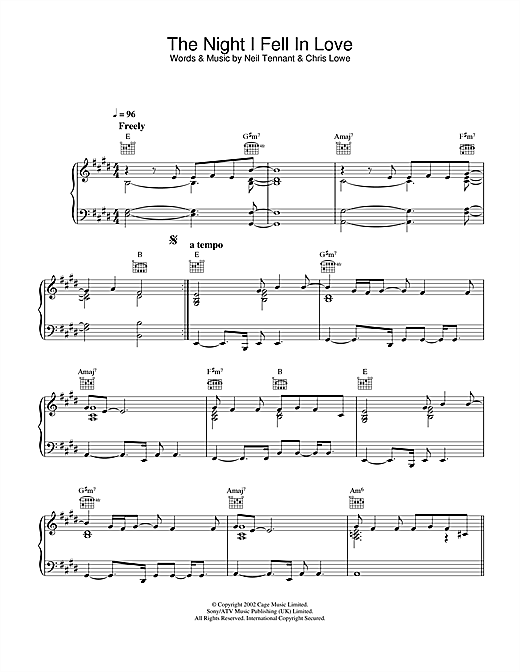Preview Pet Shop Boys The Night I Fell In Love Pop sheet music, notes and chords for Piano, Vocal & Guitar, SKU: 26708 sheet music, piano notes, chords, guitar tabs, score, transpose, transcribe, how to play, guide, download, learn, tutorial, progression, song, artist, awards, billboard, mtv, vh1, tour, single, album, release