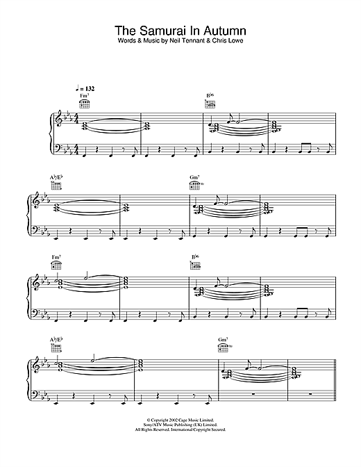 Preview Pet Shop Boys The Samurai In Autumn Pop sheet music, notes and chords for Piano, Vocal & Guitar, SKU: 26709 sheet music, piano notes, chords, guitar tabs, score, transpose, transcribe, how to play, guide, download, learn, tutorial, progression, song, artist, awards, billboard, mtv, vh1, tour, single, album, release
