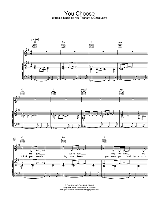 Preview Pet Shop Boys You Choose Pop sheet music, notes and chords for Piano, Vocal & Guitar, SKU: 26710 sheet music, piano notes, chords, guitar tabs, score, transpose, transcribe, how to play, guide, download, learn, tutorial, progression, song, artist, awards, billboard, mtv, vh1, tour, single, album, release