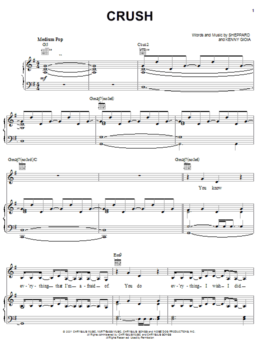 Preview Mandy Moore Crush Pop sheet music, notes and chords for Piano, Vocal & Guitar (Right-Hand Melody), SKU: 26751 sheet music, piano notes, chords, guitar tabs, score, transpose, transcribe, how to play, guide, download, learn, tutorial, progression, song, artist, awards, billboard, mtv, vh1, tour, single, album, release