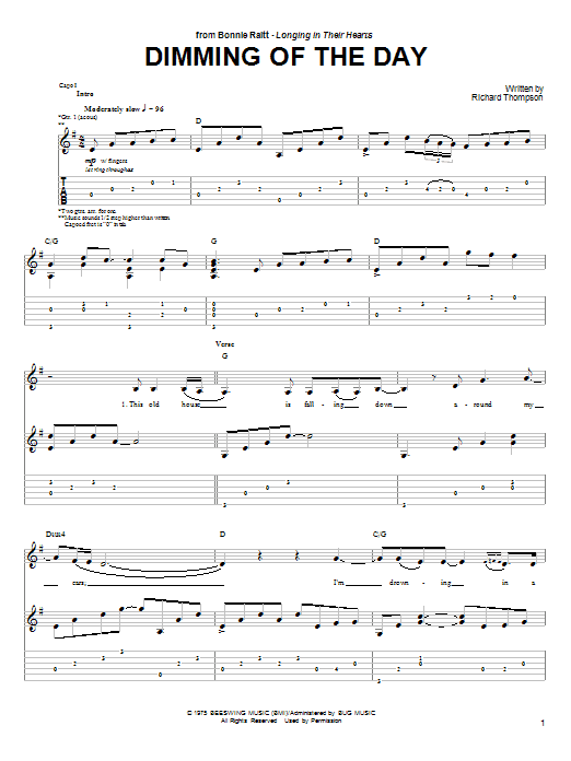 Preview Bonnie Raitt Dimming Of The Day Country sheet music, notes and chords for Guitar Tab, SKU: 26759 sheet music, piano notes, chords, guitar tabs, score, transpose, transcribe, how to play, guide, download, learn, tutorial, progression, song, artist, awards, billboard, mtv, vh1, tour, single, album, release