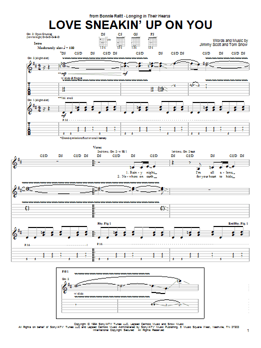 Preview Bonnie Raitt Love Sneakin' Up On You Pop sheet music, notes and chords for Guitar Tab, SKU: 26760 sheet music, piano notes, chords, guitar tabs, score, transpose, transcribe, how to play, guide, download, learn, tutorial, progression, song, artist, awards, billboard, mtv, vh1, tour, single, album, release