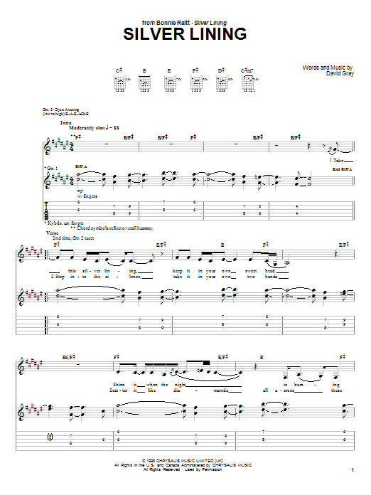 Preview Bonnie Raitt Silver Lining Rock sheet music, notes and chords for Guitar Tab, SKU: 26763 sheet music, piano notes, chords, guitar tabs, score, transpose, transcribe, how to play, guide, download, learn, tutorial, progression, song, artist, awards, billboard, mtv, vh1, tour, single, album, release
