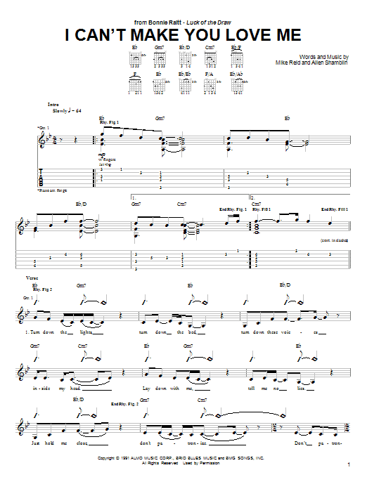 Preview Bonnie Raitt I Can't Make You Love Me Pop sheet music, notes and chords for Guitar Tab, SKU: 26764 sheet music, piano notes, chords, guitar tabs, score, transpose, transcribe, how to play, guide, download, learn, tutorial, progression, song, artist, awards, billboard, mtv, vh1, tour, single, album, release