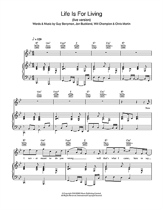 Preview Coldplay Life Is For Living (live version) Pop sheet music, notes and chords for Piano, Vocal & Guitar, SKU: 26771 sheet music, piano notes, chords, guitar tabs, score, transpose, transcribe, how to play, guide, download, learn, tutorial, progression, song, artist, awards, billboard, mtv, vh1, tour, single, album, release