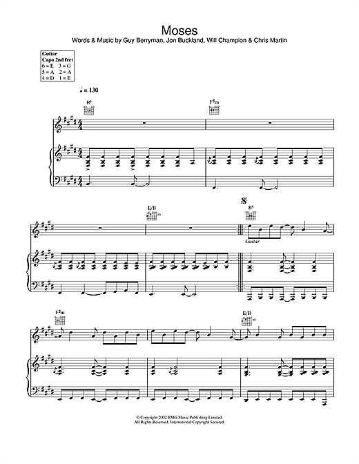 Preview Coldplay Moses Pop sheet music, notes and chords for Piano, Vocal & Guitar, SKU: 26772 sheet music, piano notes, chords, guitar tabs, score, transpose, transcribe, how to play, guide, download, learn, tutorial, progression, song, artist, awards, billboard, mtv, vh1, tour, single, album, release