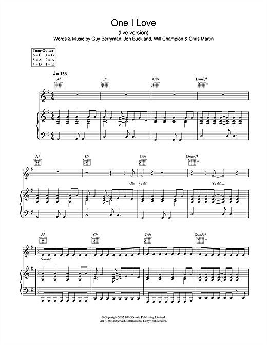 Preview Coldplay One I Love (live version) Pop sheet music, notes and chords for Piano, Vocal & Guitar, SKU: 26774 sheet music, piano notes, chords, guitar tabs, score, transpose, transcribe, how to play, guide, download, learn, tutorial, progression, song, artist, awards, billboard, mtv, vh1, tour, single, album, release