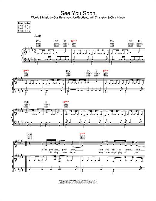 Preview Coldplay See You Soon Pop sheet music, notes and chords for Piano, Vocal & Guitar, SKU: 26776 sheet music, piano notes, chords, guitar tabs, score, transpose, transcribe, how to play, guide, download, learn, tutorial, progression, song, artist, awards, billboard, mtv, vh1, tour, single, album, release
