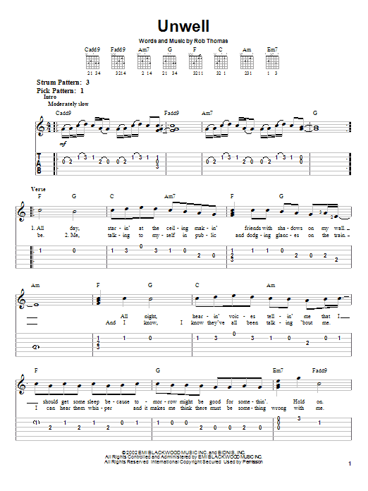Preview Matchbox Twenty Unwell Rock sheet music, notes and chords for Easy Guitar Tab, SKU: 26778 sheet music, piano notes, chords, guitar tabs, score, transpose, transcribe, how to play, guide, download, learn, tutorial, progression, song, artist, awards, billboard, mtv, vh1, tour, single, album, release