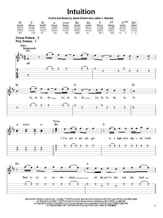Preview Jewel Intuition Pop sheet music, notes and chords for Easy Guitar Tab, SKU: 26779 sheet music, piano notes, chords, guitar tabs, score, transpose, transcribe, how to play, guide, download, learn, tutorial, progression, song, artist, awards, billboard, mtv, vh1, tour, single, album, release