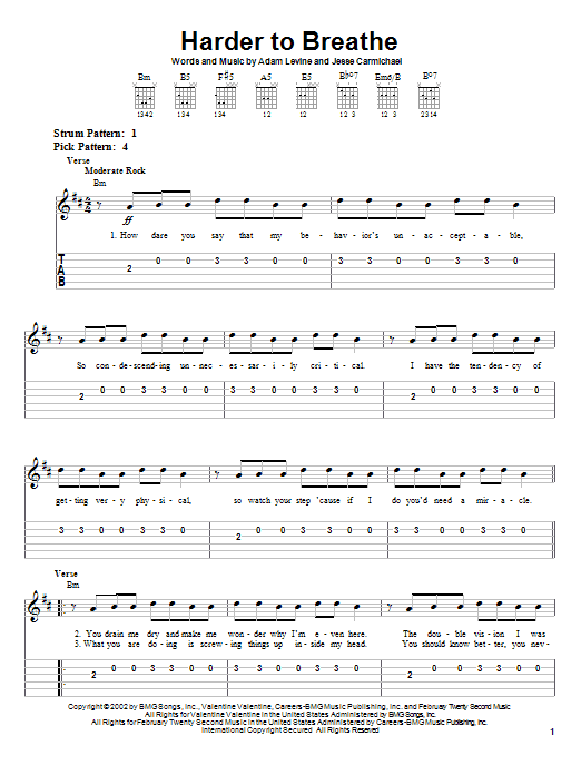 Preview Maroon 5 Harder To Breathe Rock sheet music, notes and chords for Easy Guitar Tab, SKU: 26782 sheet music, piano notes, chords, guitar tabs, score, transpose, transcribe, how to play, guide, download, learn, tutorial, progression, song, artist, awards, billboard, mtv, vh1, tour, single, album, release